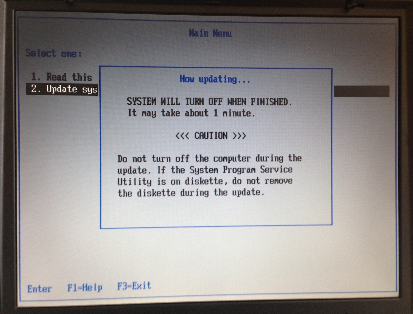 IBM Thinkpad R40 BIOS update warning screenshot